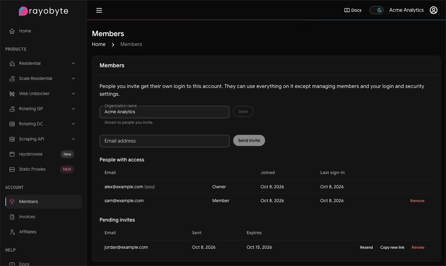 The Members page, with the owner, one member and a pending invite